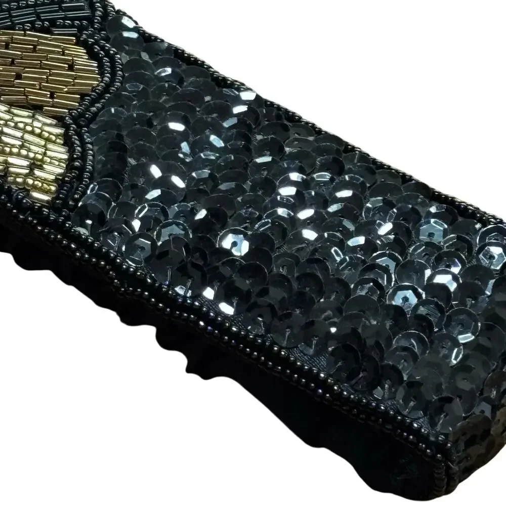 Vintage 1990's Ladies Cumberbund belt Cafe Society black satin gold silver beads